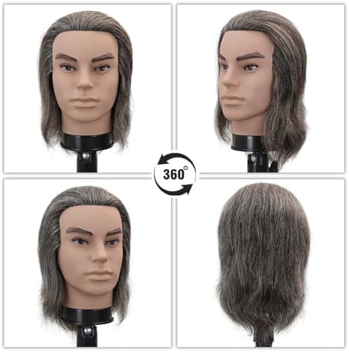 12" Male Barber Mannequin Head, 100% Real Human Hair Salt & Pepper Pale Ash Grey White Hair, Hair Cutting Styling Practice Manikin for Hairdresser Training, Free Clamp Stand Included (Black and white) - Image 2