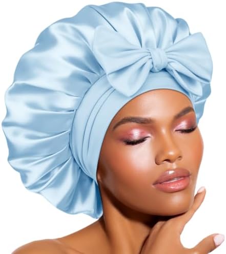 BONNET QUEEN Double Layer Silk Bonnet for Sleeping for Women Satin Lined Bonnet Night Cap for Curly Hair with Tie Band,Light Blue by BonnetQueen