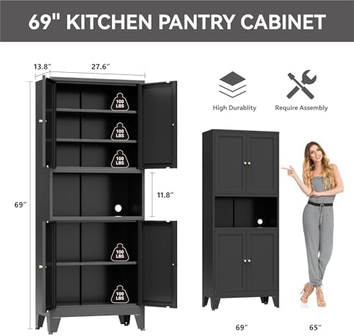 Bevivog Tall Pantry Cabinet with Microwave Shelf, 69" Metal Storage Cabinet with 4 Doors and Adjustable Shelves,Freestanding Metal Kitchen Hutch Cabinet, Black Pantry Closet Storage Shelves with Doors - Image 2