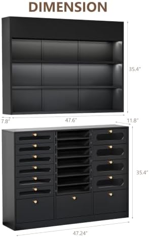 OmySalon LED Nail Polish Rack and Cabinet Set, Wooden Wall Mounted Display Shelf with Floor Standing Organizer, Multi-Size & Color Storage Cabinet for Nail Powder Polish, Beauty Salon (Black, 47 Inch) - Image 2