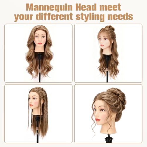 26'' Human Hair Mannequin Head,80% Mocha Brown Real Hair Mannequin Head,Cosmetology Manikin Head Doll Hair Styling Hairdressing Practice Training Wig Head with Clamp Holder and Tools - Image 3