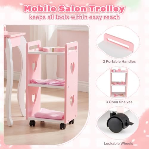 Costzon Kids Hair Salon Play Set with LED Lighted Mirror, Wooden Pretend Hair Salon Station w/Swivel Barber Chair & Rolling Cart, 10 Accessories Included, Makeup Vanity Set for 3-7 Years Old Children - Image 4