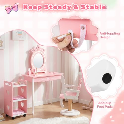 Costzon Kids Hair Salon Play Set with LED Lighted Mirror, Wooden Pretend Hair Salon Station w/Swivel Barber Chair & Rolling Cart, 10 Accessories Included, Makeup Vanity Set for 3-7 Years Old Children - Image 7