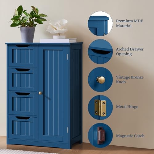 Yaheetech Small Bathroom Storage Cabinet with 4 Drawers & Door, Navy Blue - Image 6
