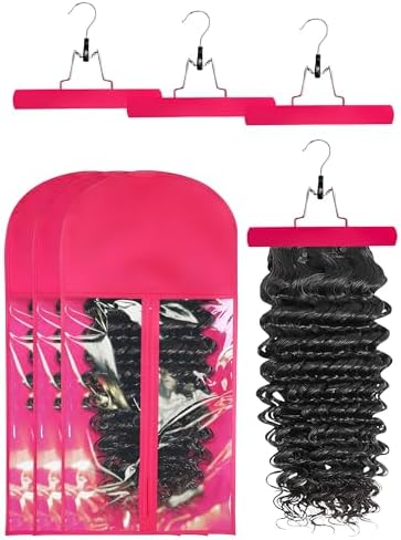 3 Pcs Hair Extension Holder for Styling, Wig Storage Bags with Hanger, Rose by Whtawtaw