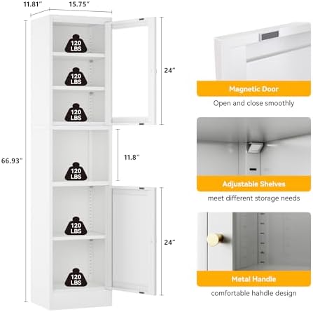 YAUWOH Metal Storage Cabinet with Glass Door, Tall Slim Pantry Organizer with 3 Adjustable Shelves (120LBS/Shelf), Anti-Tipping Waterproof Cabinet for Kitchen/Home Office/Small Spaces,(1PC,White) - Image 3
