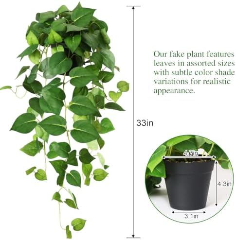 CEWOR Fake Plants Indoor 2 Packs 33" Fake Pothos Hanging Plants with Plastic Pot for Home Office Indoor Decor (Green) - Image 2