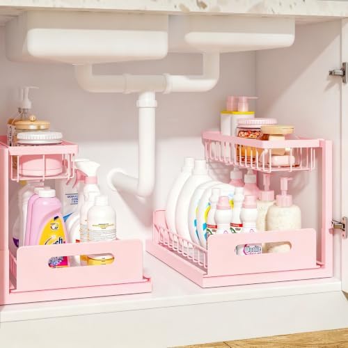 REALINN Pink Under Sink Organizer, 2 Tier Slide-Out Kitchen Cabinet Shelf by REALINN