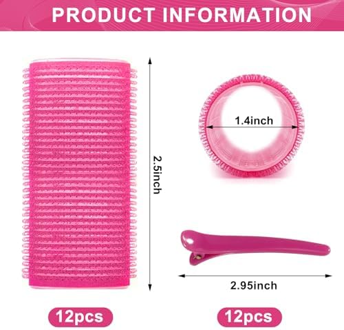 Hair Rollers, 12 Pack Hair Curler Small Hair Rollers for Women, Self Grip Hair Roller with Clips, Rose Red (Medium PLUS) - Image 2