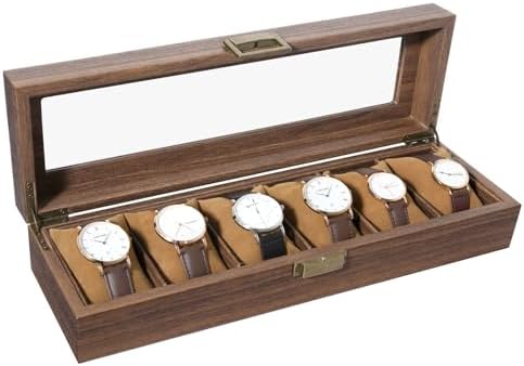 Uten Watch Box 6 Slots with Glass Lid, Wood Grain PU Leather by UTENHOMEGOODSCENTER