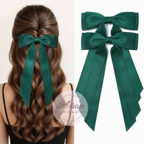 2PCS Green Hair Bows, Large Ribbon Bow Hair Clips for Girls Women Cute Ponytail Holder Accessories for Toddlers Kids Teens - Image 6