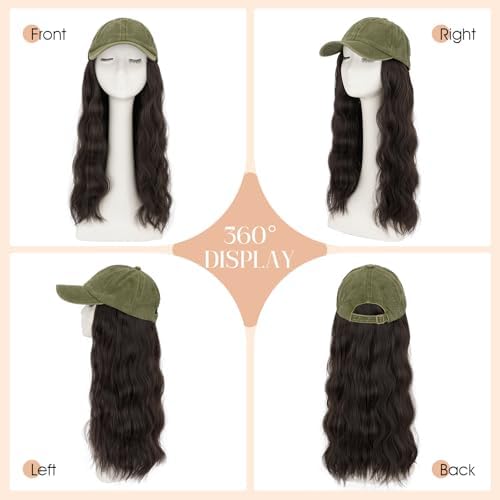 Rich Choices Hat Wigs for Women,Olive Green Baseball Cap with Hair Extensions for Women,Caps with Wavy Curly Synthetic Long Hair Attached Adjustable Baseball Cap Wig 18 Inch Dark Brown Hair - Image 5