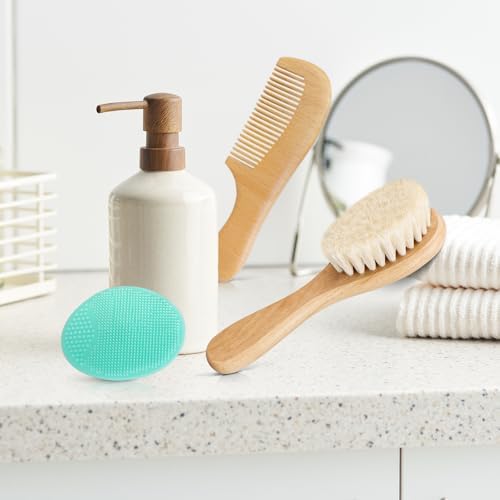 Baby Hair Brush with Wooden Handle and Comb Set for Newborns & Toddlers | Natural Soft Goat Bristles l Wood Comb l Green Cradle Cap Brush | Ideal for Cradle Cap (3 Piece) - Image 4