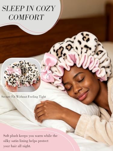 Plush Satin Bonnet for Sleeping with Bow, Cozy Winter Bonnet - Image 3