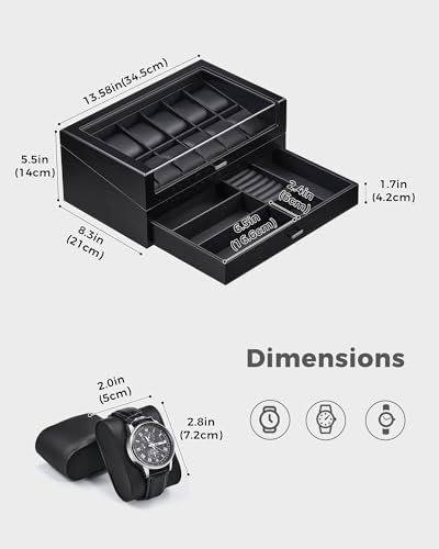 ProCase High End Wooden Watch Box for Men, 2-Layer Wood Watch Display Case Men's Jewelry Organizer Box with Drawer -12 Slot, Black - Image 3