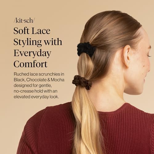 Kitsch Ruched Lace Scrunchies For Women - Black, Chocolate & Mocha, 5pc Set - Image 2