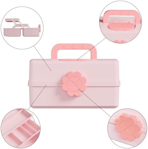 Covetree Hair Accessories Organizer with Handle sewing organizer，Lockable Three-Layer Multipurpose Art Supplies Storage Box and Storage Plastic Jewelry Box (pink) - Image 2