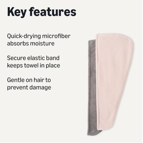 Amazon Basics Quick Dry Microfiber Hair Towel Wrap, Hair Drying Towel, Grey/Pink, 2-Pack - Image 2