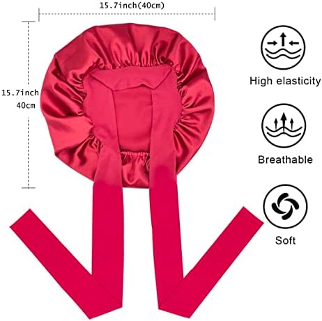 Satin Bonnet Silk Hair Bonnet for Sleeping Large Bonnets with Tie Band Wrap with Adjustable Straps Cap Night Sleep Caps for Women Curly Braid Hair Wine Red - Image 3