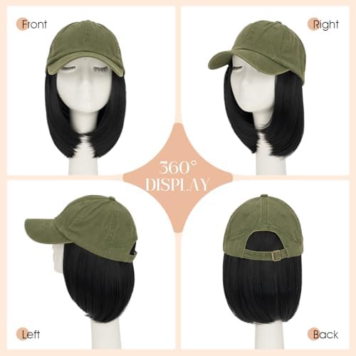 Rich Choices Hat Wigs for Women,Olive Green Baseball Cap with Hair Extensions for Women,Short Bob Hairstyle Caps with Straight Synthetic Hair Attached Adjustable Baseball Cap Wig 6 Inch Black Hair - Image 4