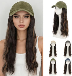 Rich Choices Hat Wigs for Women,Olive Green Baseball Cap with Hair Extensions for Women,Caps with Wavy Curly Synthetic Long Hair Attached Adjustable Baseball Cap Wig 18 Inch Dark Brown Hair by RichChoices