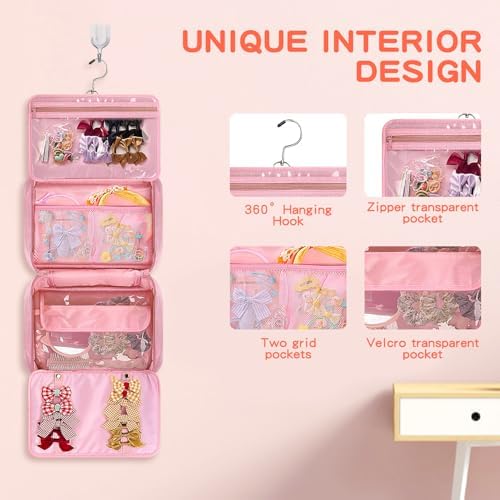 Grekos Hair Accessories Organizer for Girls, Kids Hair Bow Storage Bag, Holds Hair Clips, Headbands, Hair Ties & Scrunchies, Multiple Pockets, Hanging Travel Case, Pink (Bag Only) - Image 3