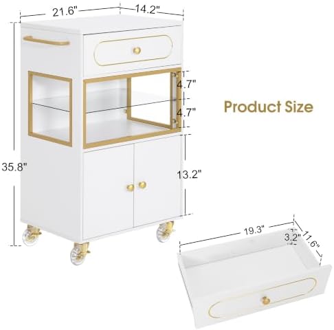BarberPub Salon Trolley Cart with Drawer & Lockable Wheels 2077(White) - Image 3