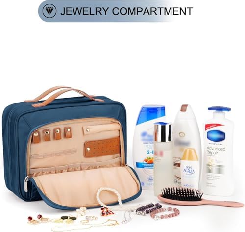 Travel Hanging Toiletry Bag for Women, Extra Large Makeup Bag, Holds Full-Size Shampoo, with Jewelry Organizer Compartment, Waterproof Cosmetic Bag, Toiletries Kit Set with Trolley Belt, Navy Blue - Image 3