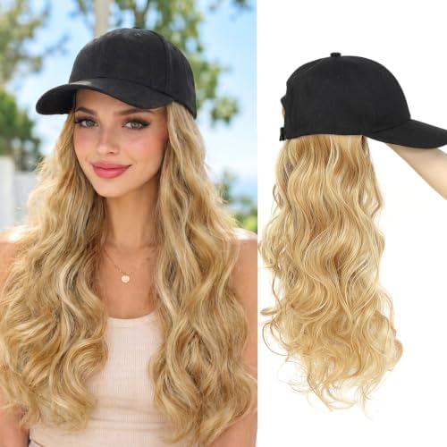 Hat Wig Baseball Cap Hat with Long Wavy Wig Layered Highlights Blonde Hair by Yunkang