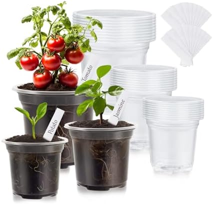 30 Pack Clear Nursery Plant Pots, 3.5/4/5 In with Drainage Holes, 20 Labels by WandaQueen
