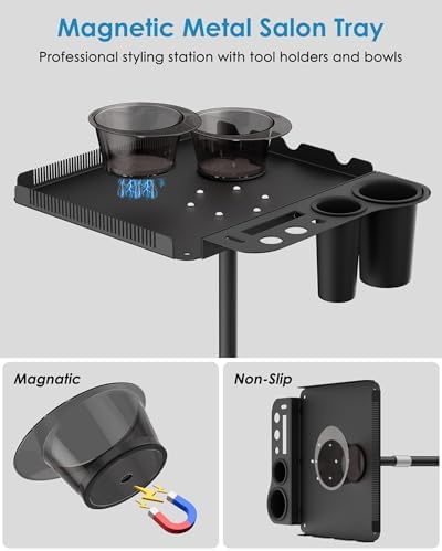 Salon Tray on Wheels,Metal Tray Rolling Cart with 2 Magnetic Bowls,Tattoo Tray, Salon Station with Hairstylist Holder and Hair Separator Stand,Multi-Function Adjustable with Wheels - Image 3