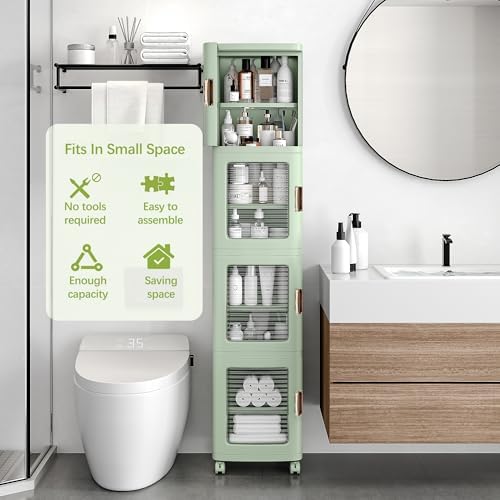 VECELO 4-Tier Narrow Storage Cabinet with Wheels, Light Green - Image 2