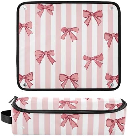 Hair Tools Travel Bag with Heat Resistant Mat Detachable 2-in-1 Curling Iron Travel Case Hot Tools Organizer for Straightener Flat Iron Pink White Stripes Bows - Image 3