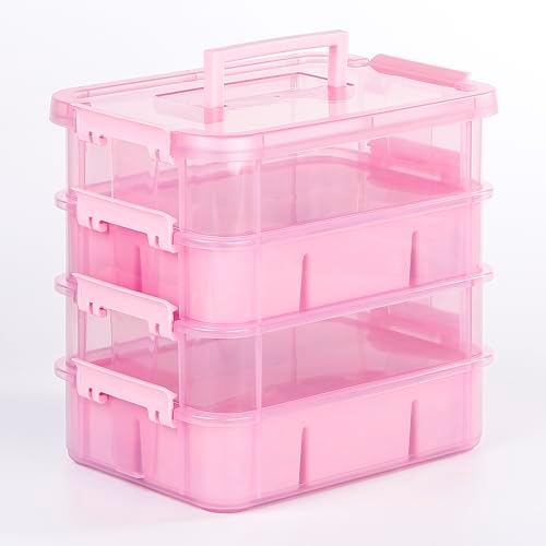 CraftGenes Art Supply Storage Organizer, 4-Tier 10 Qt Box, 2 Trays, Pink by CraftGenesTools
