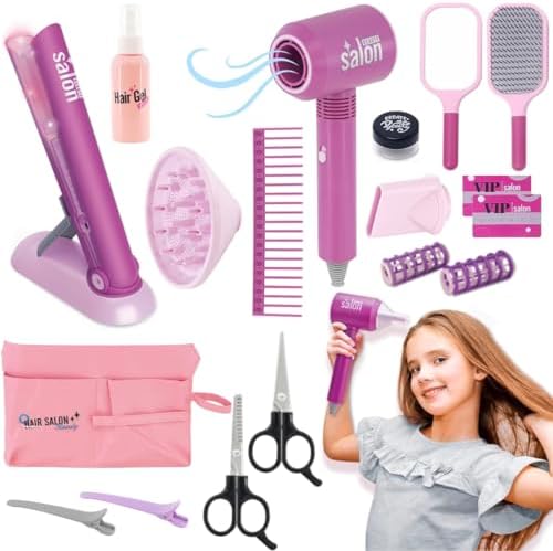 18 PCS Girls Beauty Hair Salon Toy Kit with Hairdryer, Straightener & Styling Accessories, Fashion Pretend Play Doll Stylist Set for Kids and Toddlers by LibertyBrandsUS