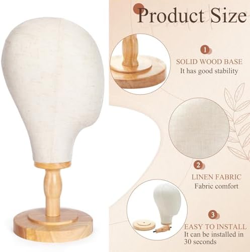 White Wooden Mannequin Head Stand Canvas Wig Head Stand with Detachable Wood Stand Linen Hat Dispaly Model Head for Caps Mannequin Head with Detachable Wood Base - Image 4
