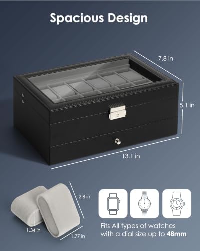 Kukikan Mens Watch Box Jewelry Organizer,12-Slot 2-Layer Watch Case -Grey - Image 6