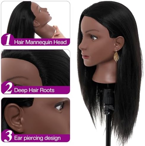 20-22 Inch Mannequin Head Human Hair with Stand,100% Real Human Hair Mannequin Head for Braiding,Cosmetology Manikin Doll Head for Styling with Table Clamp Hair Braiding Set(Brown) - Image 4