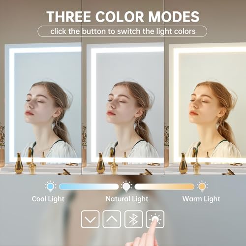 Hasipu Vanity Mirror with Lights, 42" x 30" LED Makeup Mirror, Lighted Makeup Mirror with Dimmable 3 Modes, Touch Screen Control Vanity Mirror Square White - Image 3