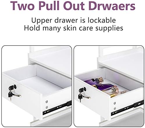 Salon Trolley Cart for Beauty SPA, Wooden Rolling Storage Station, White Mobile Utility Cabinet with 2 Drawers 1 Lockable, Medical Esthetic Supply Holder for Massage Tattoo Facials - Image 5