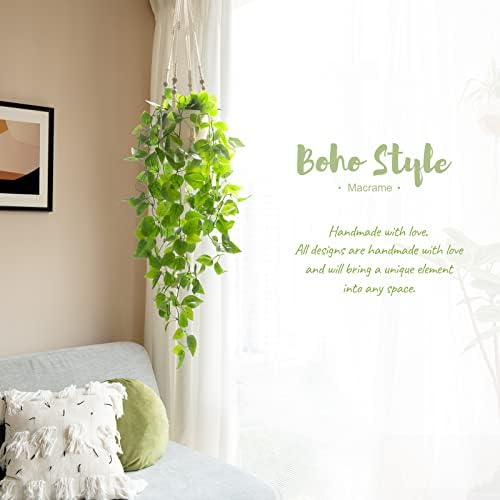 Mkono Fake Hanging Plant, Macrame Hanger with Pothos Vines & Pot, Ivory 2Pc - Image 4