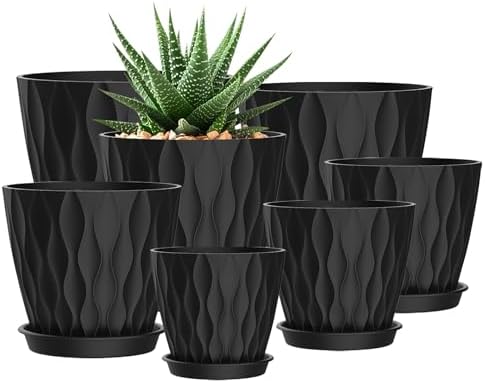 4/4.5/5/5.5/6/6.5/7 Inch Plant Pots,7 Pack Flower Pots with Drainage Holes and Trays,Plastic Planters for Indoor Outdoor Plants Growth,Black by SQKH