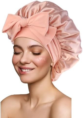 Satin Silk Hair Bonnet for Sleeping Large Bonnets with Tie Band Wrap with Adjustable Straps Night Sleep Caps for Women Curly Braid Hair Blush Pink by GiLi