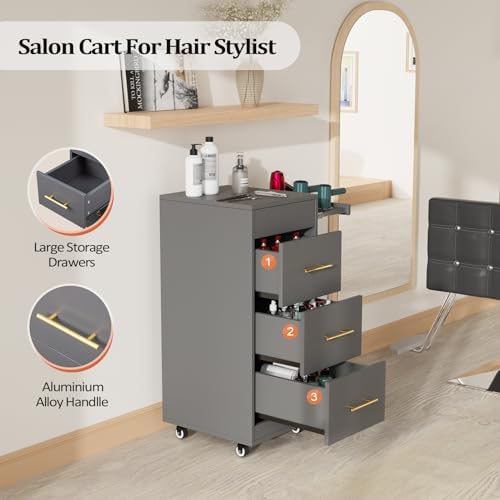 Salon Trolley Cart with Wheels, 3-Drawer Rolling Hair Styling Station, Mobile Beauty Trolley with Hot Tools Holder, Storage for Salon, Barbershop, Spa & Tattoo, Grey - Image 2