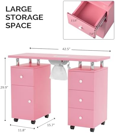 OmySalon Manicure Table Nail Desk for Nail Tech, Nail Table Station w/Electric Dust Collector, Nail Makeup Beauty Salon Storage Acetone Resistant w/Lockable Wheels,Wrist Cushion,4 Drawers&Cabinet - Image 7