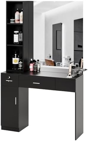 OmySalon Barber Station with Mirror, Hair Salon Station for Hair Stylist, Wall Mount Salon Beauty Spa Equipment with 3 Hair Dryer Holders & Open Shelves, 2 Drawers, 1 Storage Cabinet, Black by OmySalon