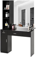 OmySalon Barber Station with Mirror, Hair Salon Station for Hair Stylist, Wall Mount Salon Beauty Spa Equipment with 3 Hair Dryer Holders & Open Shelves, 2 Drawers, 1 Storage Cabinet, Black by OmySalon