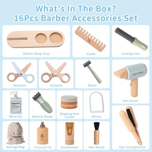 FIIOEOY Wooden Barber Shop Pretend Play Set, Kids Hair Salon Toys Shaving Kit with Blow Dryer, Comb, Shaver, Haircut Role Play Barber Accessories Gift for 3 4 5 Year Olds Boys Girls - Image 6