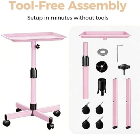 36" Salon Tray on Wheels Pink, Adjustable Height Tattoo Tray Cart - Image 5