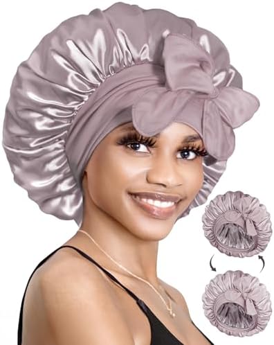 BONNET QUEEN Silk Bonnet for Sleeping Satin Bonnet with Tie Hair Wrap Double Layer Sleep Cap for Women Curly Hair, Grey Purple by BonnetQueen